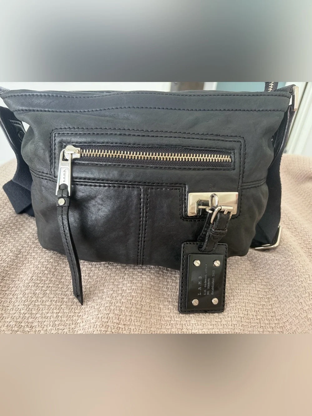 L.A.M.B shoulder bag. Y2K Black Leather crossbody. Hobo style